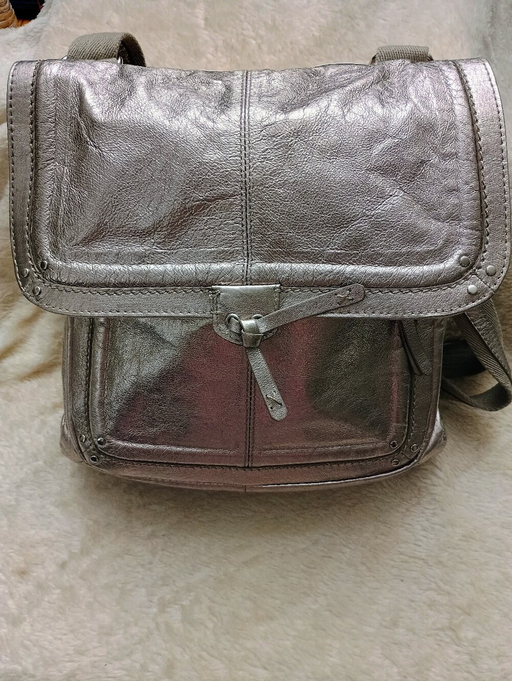 The Sak Metallic Silver Leather Convertible Crossbody Backpack - Peace Print